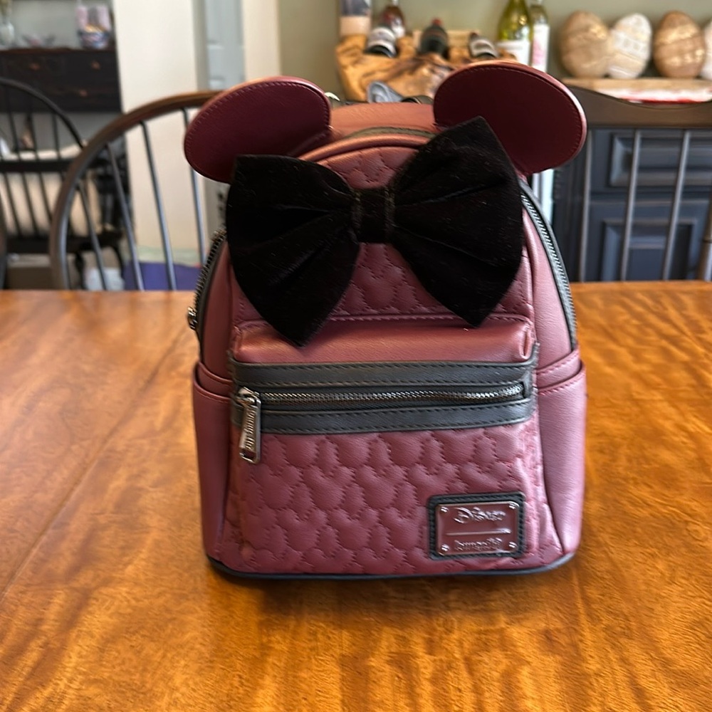 LOUNGEFLY Disney Minnie Mouse Quilted Velvet Bow Mini Backpack - Picture 2 of 16